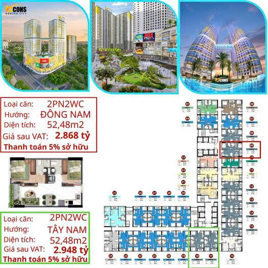 Bán căn 2PN Bcons Center City diện tích 52,48m2, hướng Đông Nam giá 2,868 tỷ